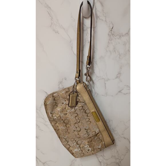 COACH Vintage Gold/Silver Shimmer Logo Canvas Tan Wristlet - EUC - Picture 1 of 4
